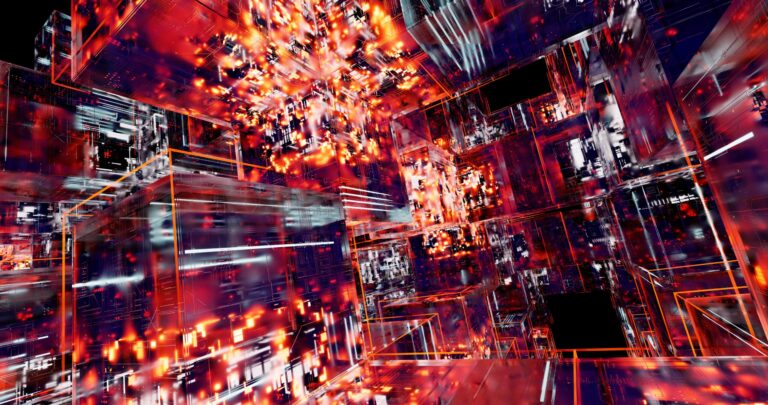 Cubi digitali futuristici con luci neon, intelligenza artificiale per creare asset di videogiochi