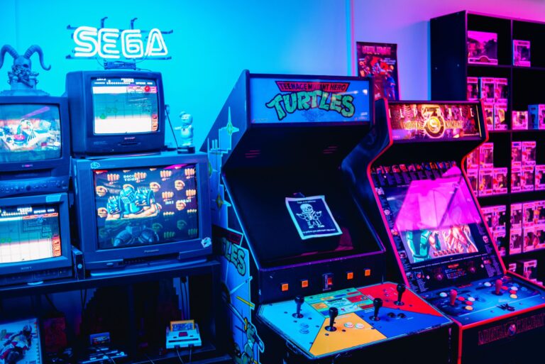 Vibrant retro arcade game room with classic arcade machines and colorful neon lighting